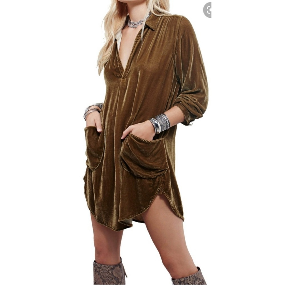 R.Vivimos | Velvet Long Sleeve Pocket Casual Mini Shirt Dress